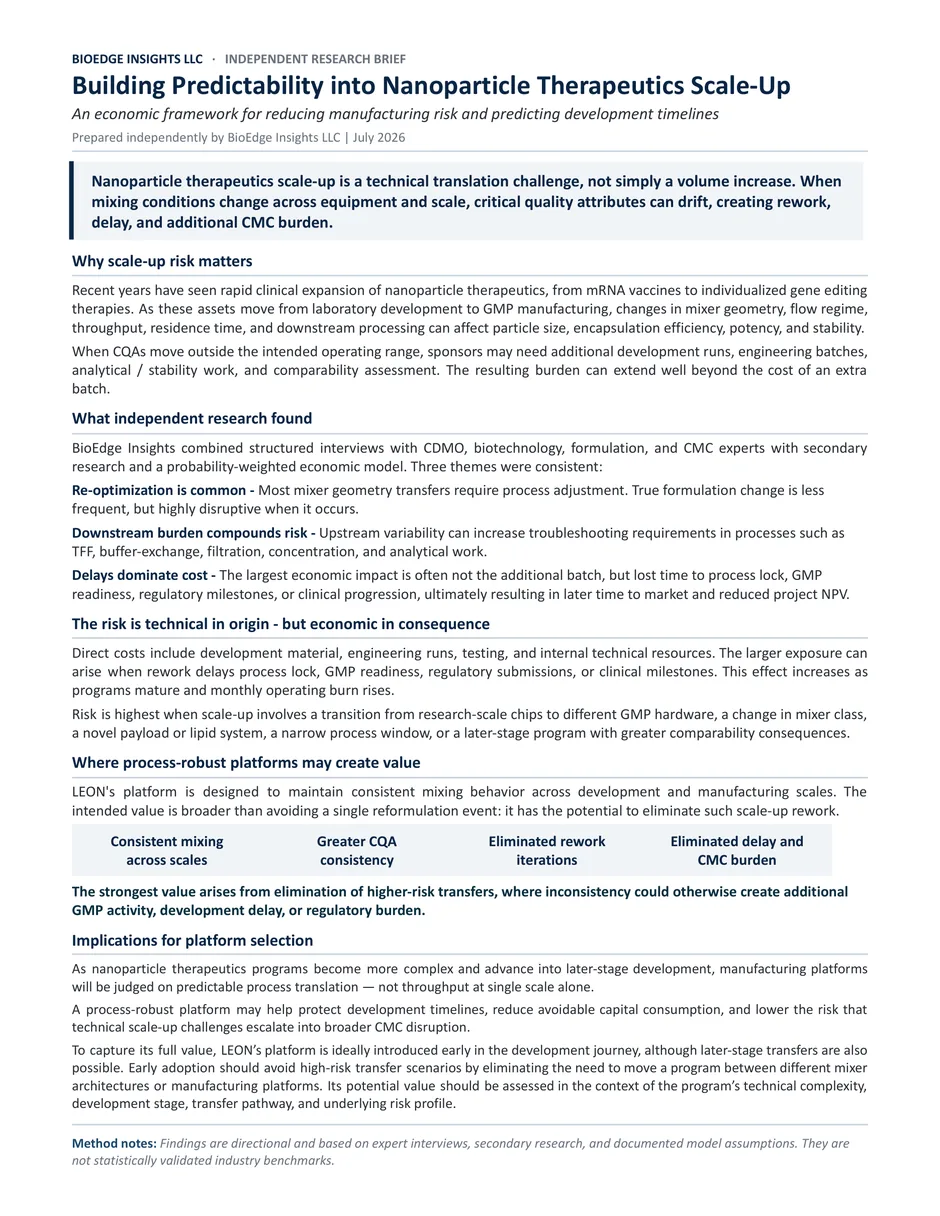First page of the BioEdge Insights independent research brief, Building Predictability into Nanoparticle Therapeutics Scale-Up