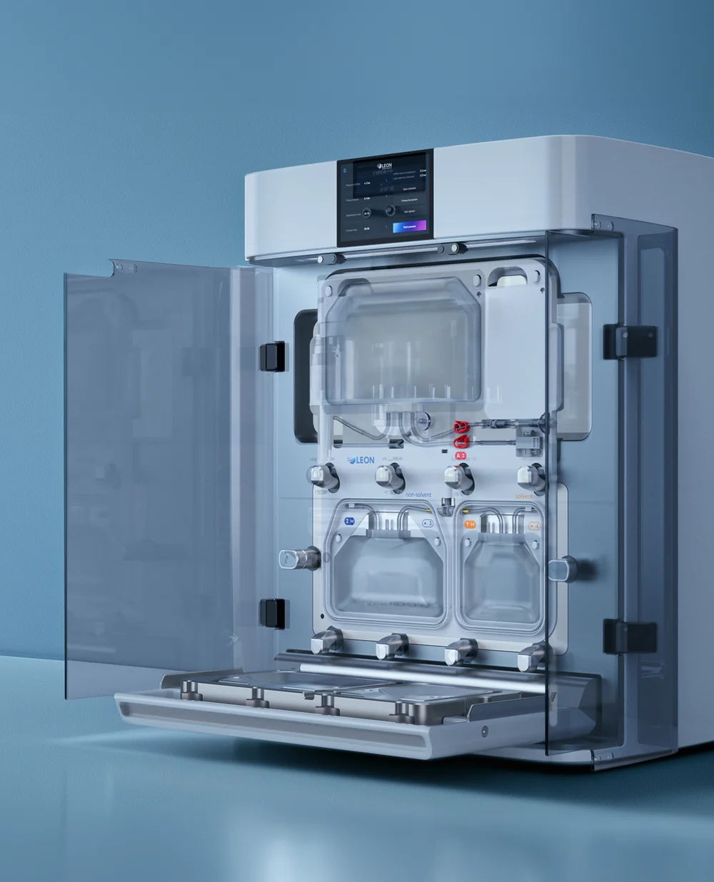 NANOme&reg; system with doors open, cassette and solvent/non-solvent bags loaded, process screen active